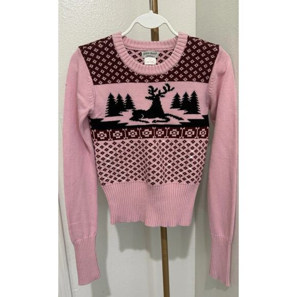 GUESS Women's Small Pink Vintage Christmas Sequin Reindeer Sweater Knit Cotton - Picture 1 of 5